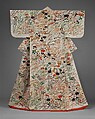 Outer Robe (Uchikake) with Chrysanthemum and Wisteria Bouquets, Silk and metallic-thread embroidery on resist-dyed and painted silk satin damask (rinzu), Japan