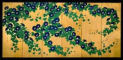 Morning Glories, Suzuki Kiitsu (Japanese, 1796–1858), Pair of six-panel folding screens; ink, color, and gold leaf on paper , Japan