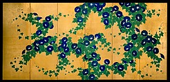 Morning Glories, Suzuki Kiitsu (Japanese, 1796–1858), Pair of six-panel folding screens; ink, color, and gold leaf on paper , Japan