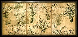 Autumn Grasses, Pair of six-panel folding screens; ink and color on gilt paper, Japan