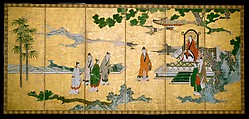 The Return to Court of the Four Graybeards of Mount Shang (left); Su Shi’s Visit to the Wind and Water Cave (right, In the Style of Kano Mitsunobu 狩野光信 (Japanese, 1565–1608), Pair of six-panel folding screens; ink, color, gold, and gold leaf on paper , Japan