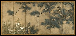 Hawks with Pine Trees and Camellias; Small Birds with Willows and Camellias, Attributed to Mitani Tōshuku (Japanese, 1577–1654), Pair of six-panel folding screens; ink and color on paper, Japan