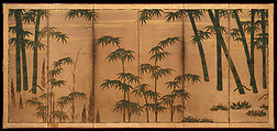 Bamboo in the Four Seasons, Attributed to Tosa Mitsunobu (Japanese, active ca. 1462–1525), Pair of six-panel screens; ink, color, and gold leaf on paper , Japan