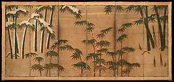 Bamboo in the Four Seasons, Attributed to Tosa Mitsunobu (Japanese, active ca. 1462–1525), Pair of six-panel screens; ink, color, and gold leaf on paper , Japan