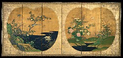 Birds and Flowers of Autumn and Winter, Kano Chikanobu  Japanese, Six-panel folding screen; ink and color on silk, Japan