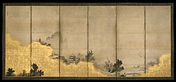 Scenes from the Eight Views of the Xiao and Xiang Rivers, Unkoku Tōeki (Japanese, 1591–1644), Pair of six-panel screens; ink and gold on paper, Japan
