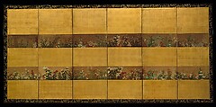 Autumn Flowers, Six-panel folding screen; ink and color on gilded paper, Japan