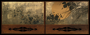 Autumn Grasses in Moonlight, Shibata Zeshin (Japanese, 1807–1891), Two-panel folding screen; ink, lacquer, silver, and silver leaf on paper, Japan