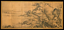 The Four Accomplishments, Kano Motonobu 狩野元信 (Japanese, 1477–1559), Pair of six-panel folding screens; ink and color on paper, Japan