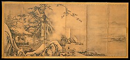 The Four Accomplishments, Kano Motonobu 狩野元信 (Japanese, 1477–1559), Pair of six-panel folding screens; ink and color on paper, Japan
