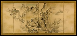 The Poet Li Bo's Visit to Mount Emei, Shiokawa Bunrin (Japanese, 1808–1877), Pair of six-panel folding screens; ink and gold on paper, Japan