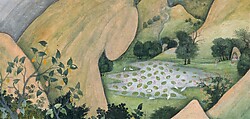 Rama, Sita, and Lakshmana at the Hermitage of Bharadvaja: Illustrated folio from a dispersed Ramayana series, Opaque watercolor and ink on paper, India (Kangra, Himachal Pradesh)