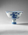 Stem cup with pine tree, bamboo, and plum blossom, Porcelain painted in underglaze cobalt blue (Jingdezhen ware), China