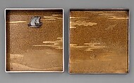 Writing Box (Suzuribako) and Writing Table (Bundai) with Pines at Takasago and Sumiyoshi, Yukio Yukio II (Japanese, 1860–1929), Lacquered wood with gold, silver takamaki-e, hiramaki-e, cut-out gold foil on nashiji ground, silver inlay, silver fittings, Japan
