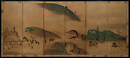 Royal Visit to Ōhara, from The Tale of the Heike, Studio of Tawaraya Sōtatsu (Japanese, ca. 1570–ca. 1640), Pair of six-panel folding screens; ink and color on paper, Japan