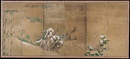Birds and Flowers of the Four Seasons, Kano Sanboku (Japanese, active mid-17th–early 18th century), Pair of six-panel folding screens; ink, color, and gold on paper, Japan