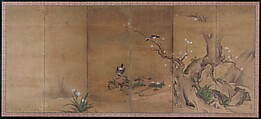 Birds and Flowers of the Four Seasons, Kano Sanboku (Japanese, active mid-17th–early 18th century), Pair of six-panel folding screens; ink, color, and gold on paper, Japan