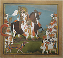 Maharana Bhim Singh and Retinue Embark on a Hunt, Attributed to Chokha (Indian, active 1799–ca. 1826), Ink, opaque watercolor, and gold on paper, Western India, Rajasthan, Udaipur or Devgarh