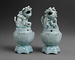 Incense Burner in Shape of Lion (one of a pair), Porcelain with brown and raised decoration under celadon glaze (Jingdezhen Qingbai ware), China