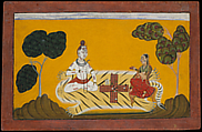 Shiva and Parvati Playing Chaupar: Folio from a Rasamanjari Series, Devidasa of Nurpur (active ca. 1680–ca. 1720), Opaque watercolor, ink, silver, and gold on paper, India (Basohli, Jammu)