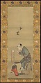 Woman Spinning Silk, Katsushika Hokusai (Japanese, Tokyo (Edo) 1760–1849 Tokyo (Edo)), Hanging scroll; ink and color on silk, Japan