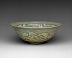 Bowl decorated with peony leaves and chrysanthemum, Buncheong ware with sgraffito and stamped design, Korea