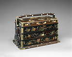 Picnic basket with scene from Investiture of the Gods, Hardwood (zitan) inlaid with mother-of-pearl and soapstone, China