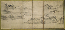 Landscape of the Four Seasons (Eight Views of the Xiao and Xiang Rivers), Sōami (Japanese, died 1525), Pair of six-panel folding screens; ink on paper, Japan
