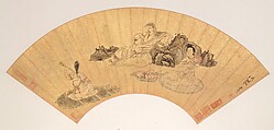 Landscapes and Flowers, Chen Hongshou (Chinese, 1598/99–1652), Twelve folding fans mounted as album leaves; ink and color on gold paper, China
