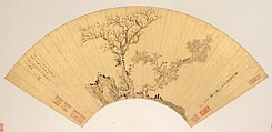 Landscapes and Flowers, Chen Hongshou (Chinese, 1598/99–1652), Twelve folding fans mounted as album leaves; ink and color on gold paper, China