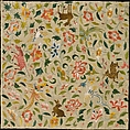 Textile with Animals, Birds, and Flowers, Silk embroidery on plain weave silk, Eastern Central Asia