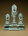 Standing Four-Armed Avalokiteshvara Flanked by Tara and Bhrikuti(?), Bronze with silver inlay, Indonesia (Java)