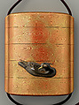Inrō with Ducks on Swirls, Signed Tōyō (Japanese, active second half of the 18th century), Inrō: four cases; gold, silver takamaki-e, hiramaki-e, gold foil application, mother-of-pearl inlay on red lacquer ground; ojime: fire agate bead; netsuke: Kappa; carved wood, Japan