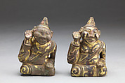 Two Mat Weights in the Shape of Paiyou Performers, Gilt and silvered bronze, China