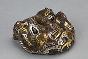 Four Mat Weights in the Shape of Fighting Animals, Bronze inlaid with gold, silver and gemstones, China