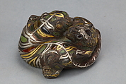 Four Mat Weights in the Shape of Fighting Animals, Bronze inlaid with gold, silver and gemstones, China