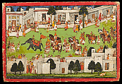 Marriage procession in a bazaar; from a Ramayana or Bhagavata Purana series, Opaque watercolor and gold on paper, India, Mandi, Himachal Pradesh