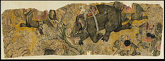 A Royal Lion Hunt, Opaque watercolor, ink and charcoal on paper, India, Rajasthan, Bundi