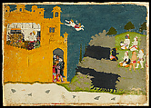 The Monkey Prince Angada delivers Rama’s message to Ravana; folio from the Siege of Lanka series
, Manaku Indian, Opaque watercolor and gold on paper, India, Himachal Pradesh, Guler