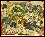 Maharao Madho Singh Hunting Wild Boar, the Kota Master Indian, Opaque watercolor, gold and tin on gold paper, India, Rajasthan, Kota
