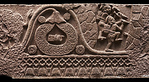 Railing coping with forest dwellers scaling or quarrying a rock face, Sandstone, India,  Bharhut Great Stupa, Madhya Pradesh