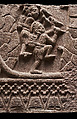 Railing coping with forest dwellers scaling or quarrying a rock face, Sandstone, India,  Bharhut Great Stupa, Madhya Pradesh