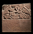 Railing pillar fragment: yaksha with lotus vine emerging from its mouth, Sandstone, India, Bharhut Great Stupa, Satna district, Madhya Pradesh