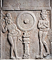 Panel with devotees honoring the Dharma-wheel and nagas protecting the relics at Ramagrama stupa, Limestone, India, Dhulikata, Karimnagar District, Telangana