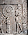 Panel with devotees honoring the Dharma-wheel and nagas protecting the relics at Ramagrama stupa, Limestone, India, Dhulikata, Karimnagar District, Telangana