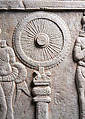 Panel with devotees honoring the Dharma-wheel and nagas protecting the relics at Ramagrama stupa, Limestone, India, Dhulikata, Karimnagar District, Telangana