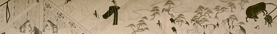 Scenes Illustrating Poems from The Tale of Genji (Hakubyō Genji monogatari emaki), Scrolls 3 and 4, Kaoku Gyokuei (Japanese, born 1526), Two handscrolls from a set of six; ink on paper, Japan