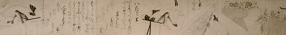 Scenes Illustrating Poems from The Tale of Genji (Hakubyō Genji monogatari emaki), Scrolls 3 and 4, Kaoku Gyokuei (Japanese, born 1526), Two handscrolls from a set of six; ink on paper, Japan