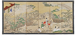 "Exile to Suma" (Suma) and "A Boat Cast Adrift" (Ukifune), Pair of six-panel folding screens; ink, color, and gold on paper., Japan
