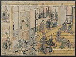 New Year's Day at the Ogiya Seiro (Yoshiwara yūkaku no kei) 吉原遊郭の景, Katsushika Hokusai 葛飾北斎 (Japanese, Tokyo (Edo) 1760–1849 Tokyo (Edo)), Pentaptych of polychrome woodblock prints, Japan